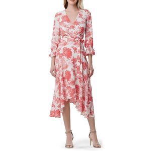 New! TAHARI Women's Floral Print Belted Crepe Faux Wrap Dress 3/4 Sleeve Size 8
